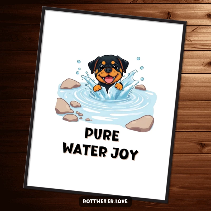 Funny Rottweiler Poster of a dog playfully splashing in a clear, cool stream, capturing a moment of pure, unadulterated fun.