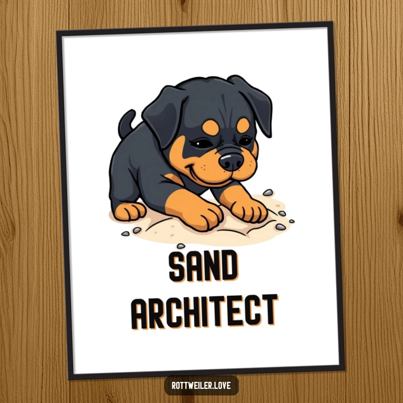 Funny Rottweiler poster capturing a dog playfully digging in soft sand, embodying a spirit of fun and exploration.