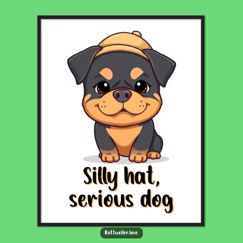 Funny Kawaii Rottweiler Poster: Silly Dog Art, Tiny Hat Wall Decor!