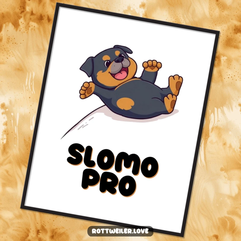 Funny Rottweiler poster capturing a dog sliding on its back, paws up, radiating pure, uninhibited joy and silliness.