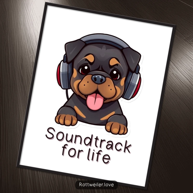 Funny poster art of a Rottweiler wearing oversized headphones and bopping its head, perfect for humorous musical decor.