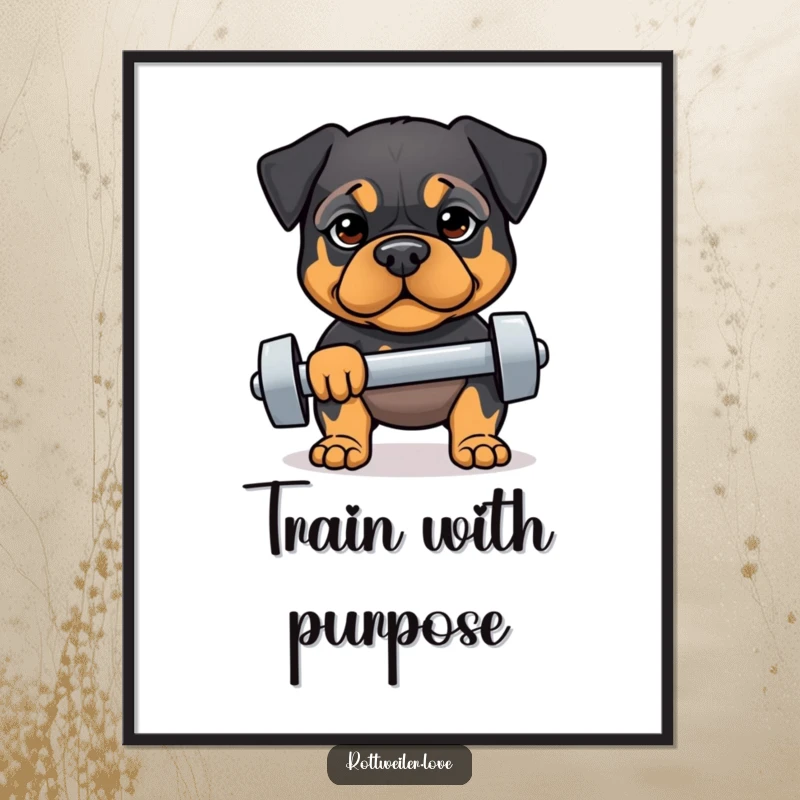 Funny poster art of a Rottweiler with a determined expression lifting a dumbbell, perfect for humorous fitness inspiration and decor.
