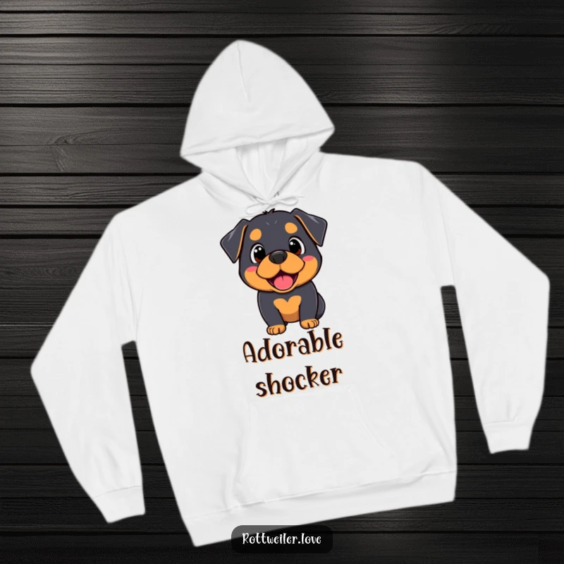 Funny Kawaii Rottweiler hoodie with a depiction of a dog’s comically surprised but happy face, ideal for expressing playful emotions.