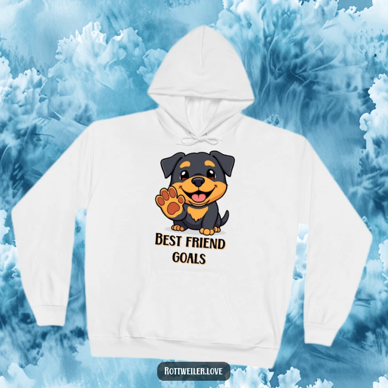 Funny kawaii rottweiler hoodie with a friendly grin, offering a paw, providing cozy humor and adorable dog style.