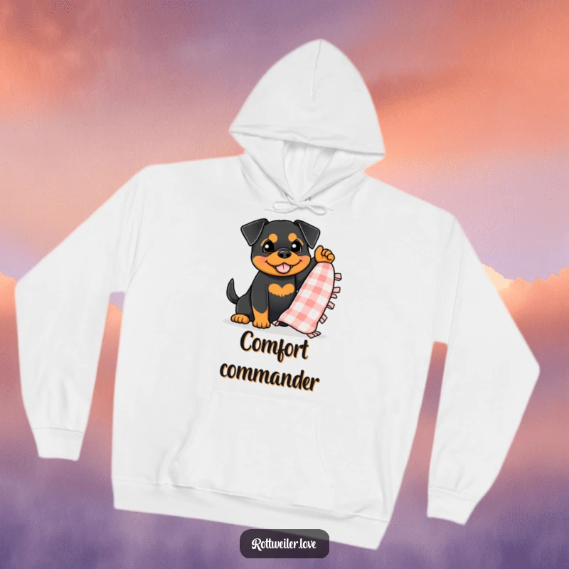 Funny Rottweiler Hoodie featuring a dog enthusiastically waving a small, checkered blanket, designed for ultimate cozy relaxation.