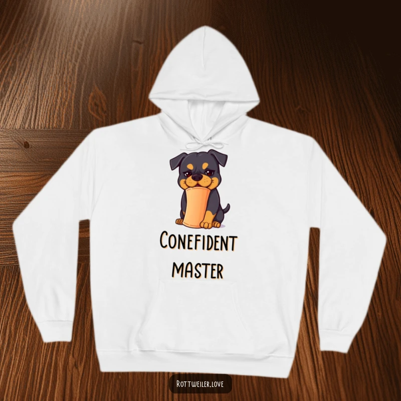 Funny Rottweiler Hoodie: A Rottweiler with a goofy expression attempts to balance a cone, providing endless amusement.