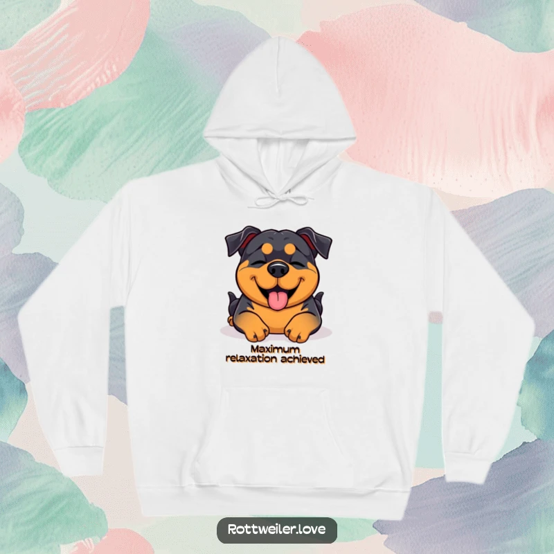 Funny Rottweiler design on a cozy hoodie, showing the dog blissfully receiving a belly rub with closed eyes.