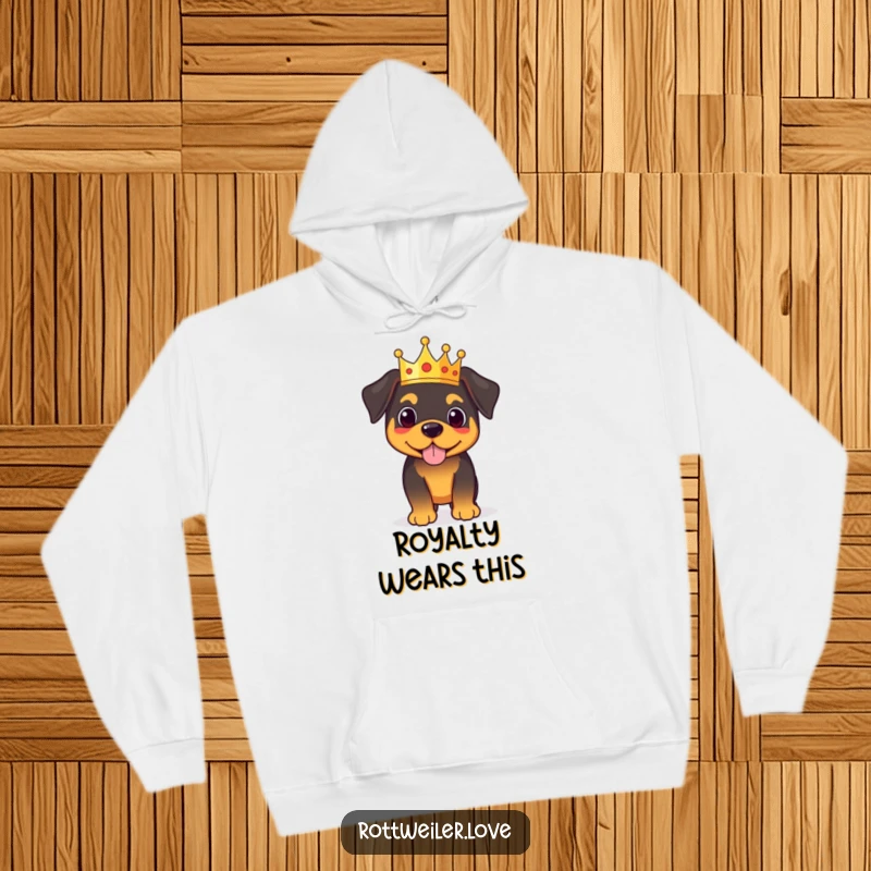 Funny royal rottweiler hoodie featuring a proud dog adorned with a tiny crown, offering warmth and a majestic look.