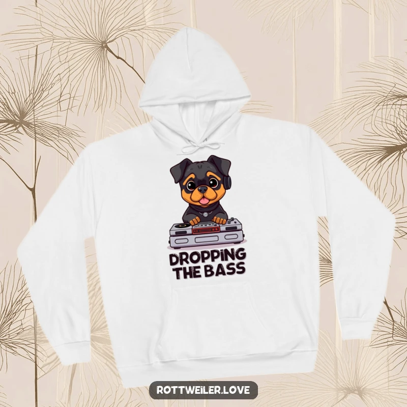 Funny Rottweiler DJ hoodie showing a stylish Rottweiler with headphones, manning tiny DJ turntables. Soft fleece for ultimate comfort.