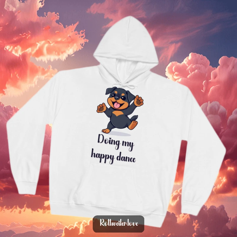 Funny Rottweiler design on a cozy hoodie, showing the dog doing a playful spin with paws in the air.