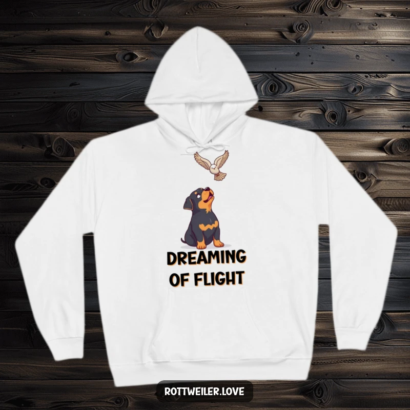 Funny Rottweiler Hoodie featuring a dog looking up with enthusiasm at a soaring bird, perfect for cozy contemplation.