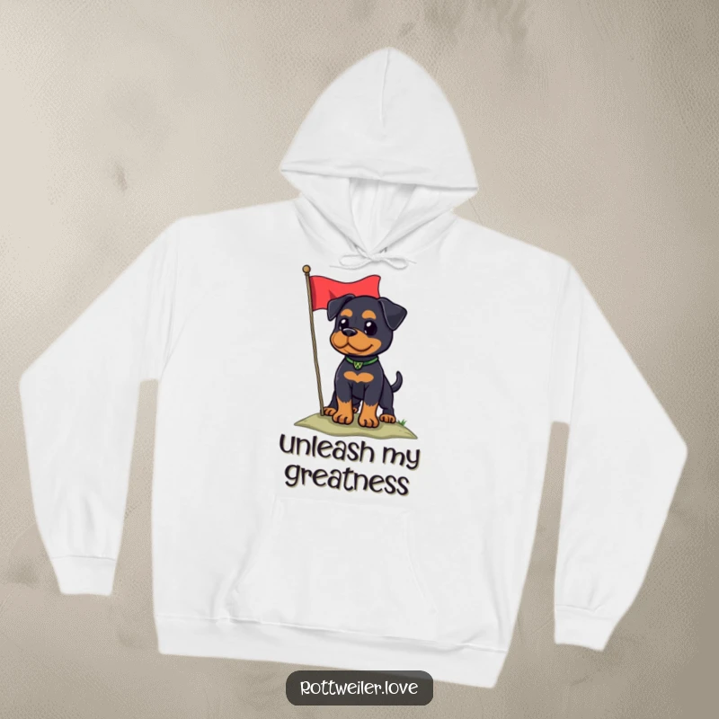 Funny Rottweiler dog holding a flag on a hill, showcasing patriotic humor in this cozy hoodie.