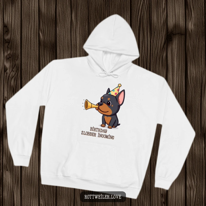 Funny Rottweiler hoodie showing a dog wearing a party hat and blowing a small horn, radiating festive and comical energy for ultimate comfort.