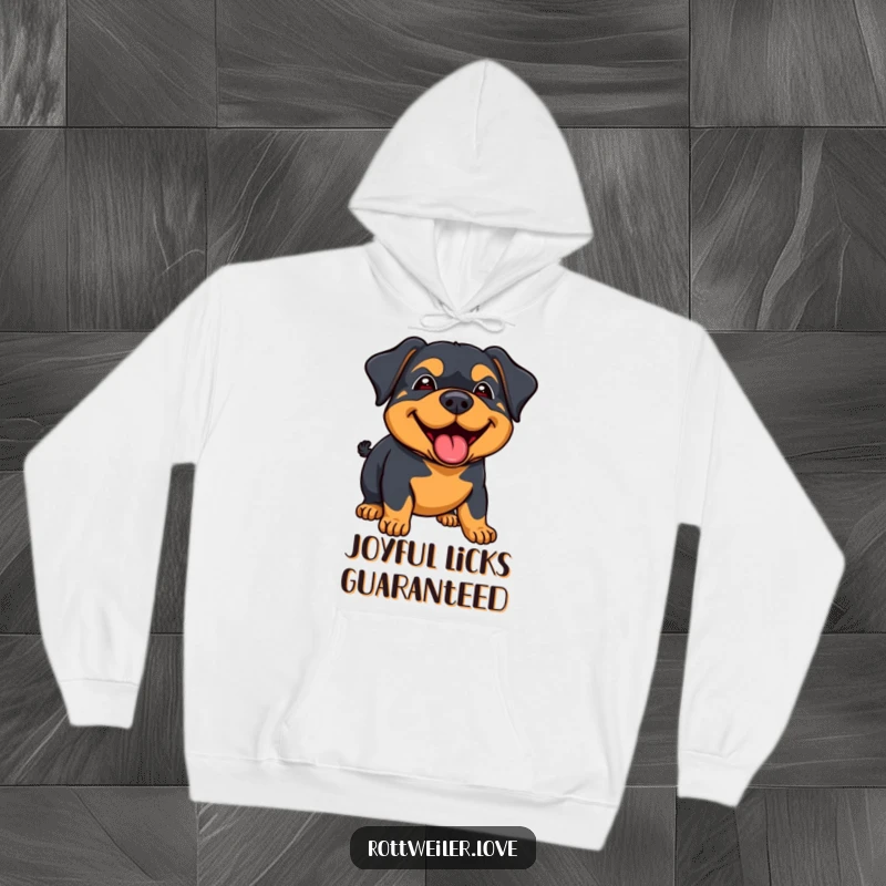 Funny rottweiler hoodie illustrating a dog giving a big, happy lick with a joyous and loving expression, perfect for cozying up.