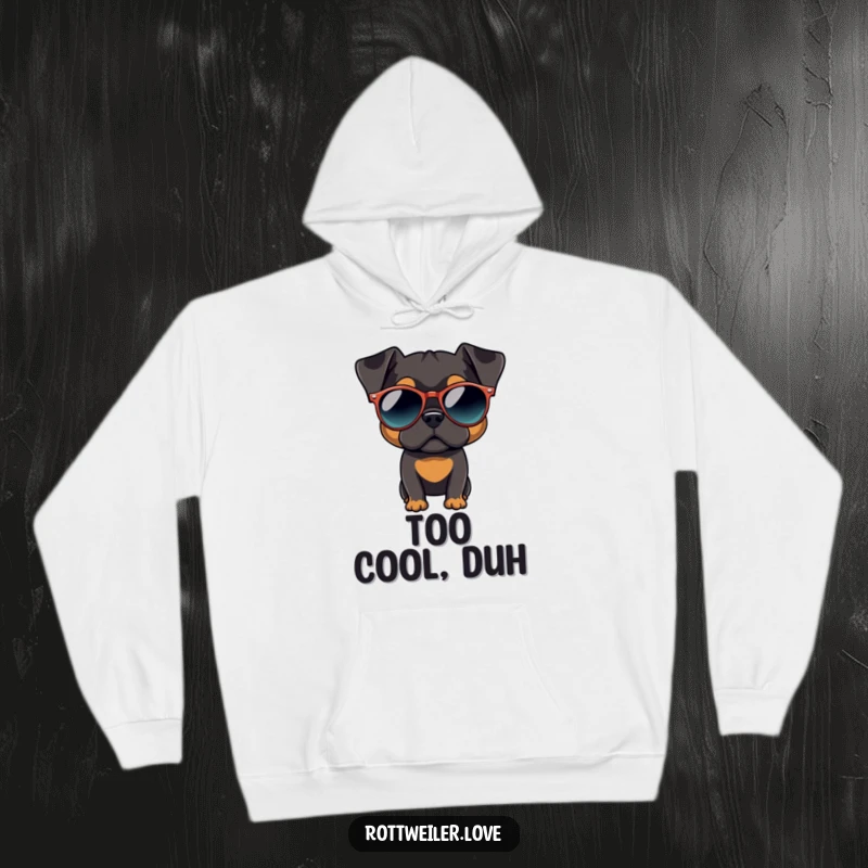 Funny Rottweiler hoodie featuring a dog wearing large, round sunglasses, projecting an image of ultimate coolness and laid-back style.