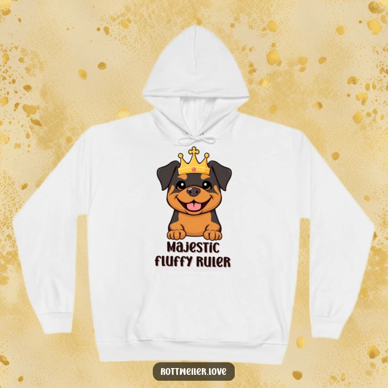 Funny hoodie featuring a Rottweiler wearing a tiny crown and beaming with a broad smile, offering cozy, royal humor.