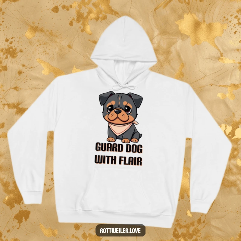 Funny Kawaii Rottweiler hoodie with a delightful dog sporting a small, adorable bandana, offering warmth and a touch of playful charm.