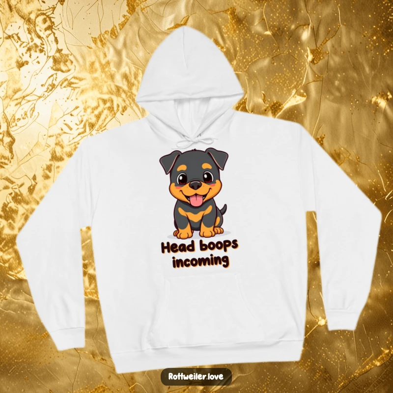 Funny Kawaii Rottweiler hoodie showing a happy dog giving a friendly head nudge, providing warmth and a sense of loving connection.