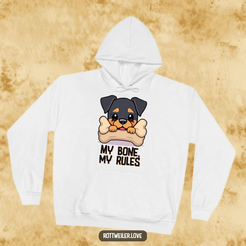 Funny Rottweiler Hoodie showing a dog cleverly peeking from behind a big bone, perfect for cozy, humorous wear.