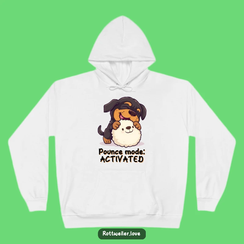 Funny Rottweiler Pounce Hoodie: Warm Playful Dog, Toy Attack Comfort!
