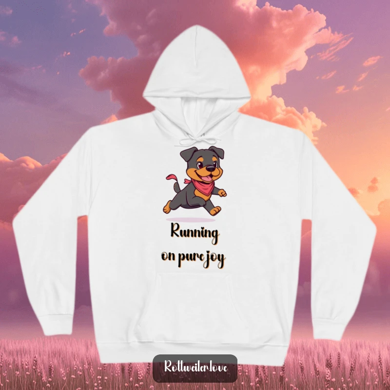 Funny Rottweiler hoodie showcasing a dynamic Rottweiler wearing a small bandana, mid-stride with enthusiasm. Comfortable fleece material.
