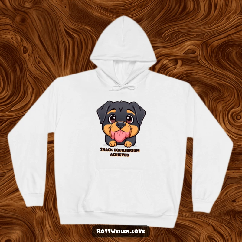 Funny Kawaii Rottweiler Hoodie featuring a cute rottweiler with wide eyes concentrating hard on balancing a treat on its nose.