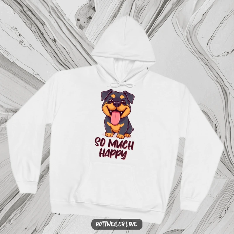 Funny Kawaii Rottweiler Hoodie featuring a joyful dog with a wide grin and lolling tongue, offering cozy and cheerful vibes.