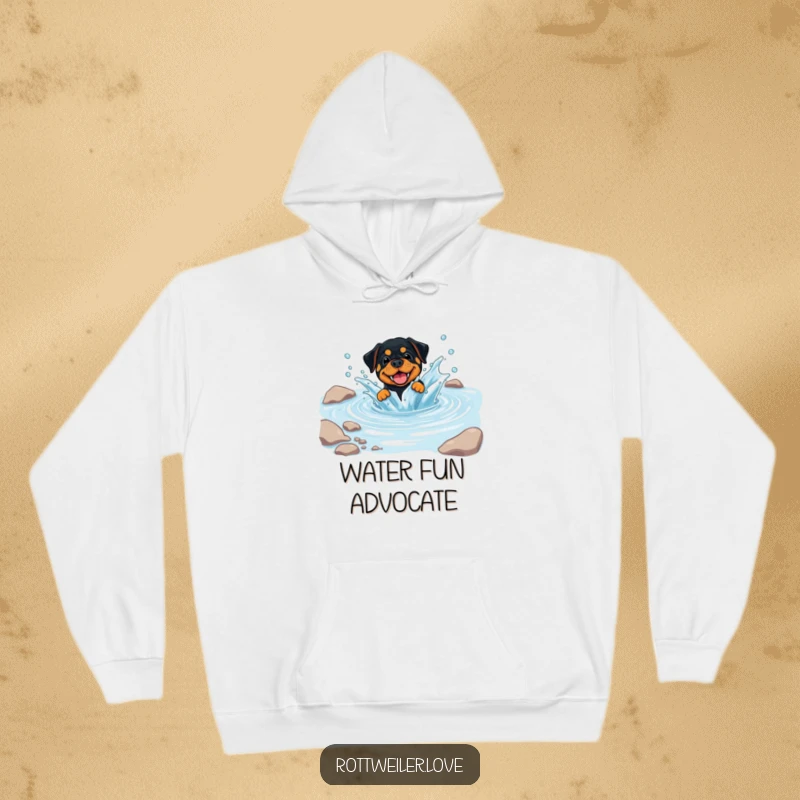 Funny Rottweiler Hoodie featuring a dog playfully splashing in a clear, cool stream, perfect for staying warm and stylish.