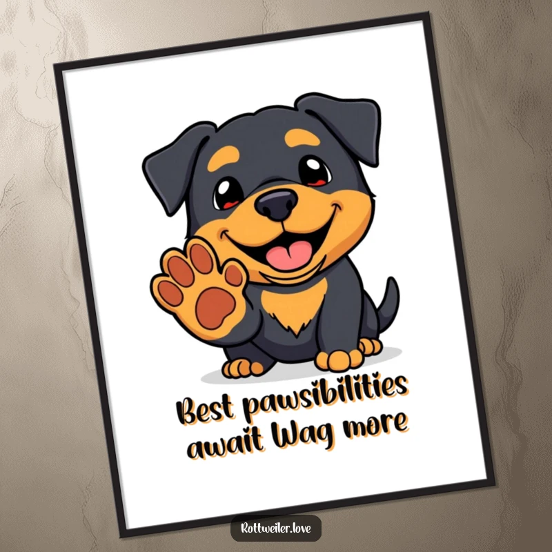 Funny Free Printable Wall Art: A kawaii Rottweiler with a huge grin, extending a friendly paw upwards.