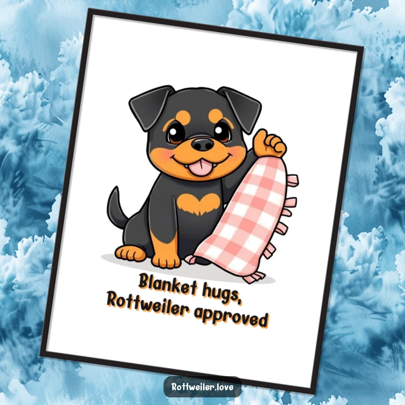 Funny Free Printable Wall Art: A rottweiler enthusiastically waving a small, checkered blanket with pure joy and playfulness.
