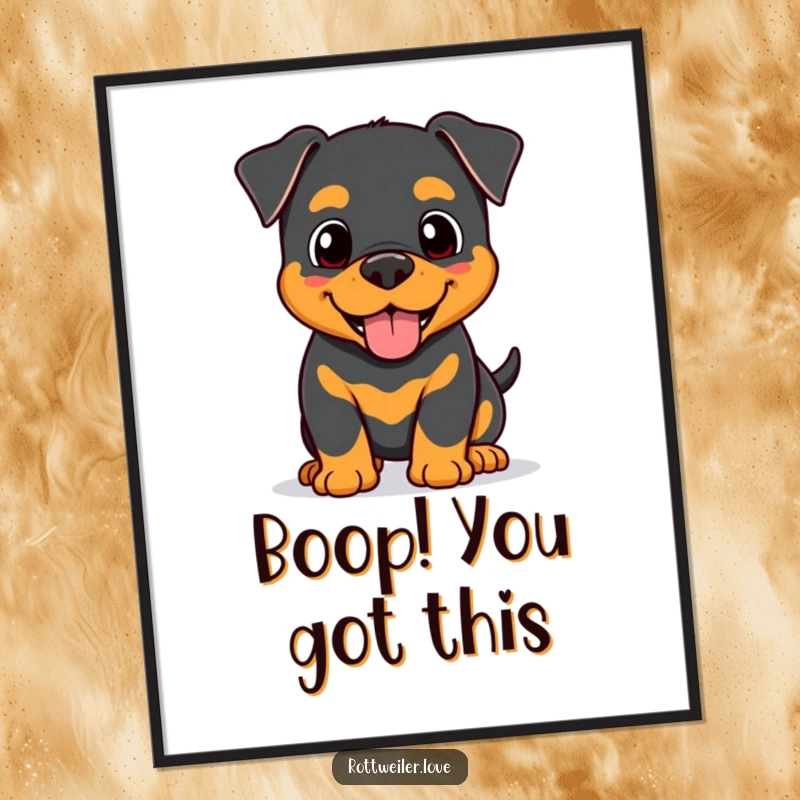 Funny free printable wall art: A happy Kawaii Rottweiler offering a sweet and friendly head nudge. Adorable and humorous dog decor.