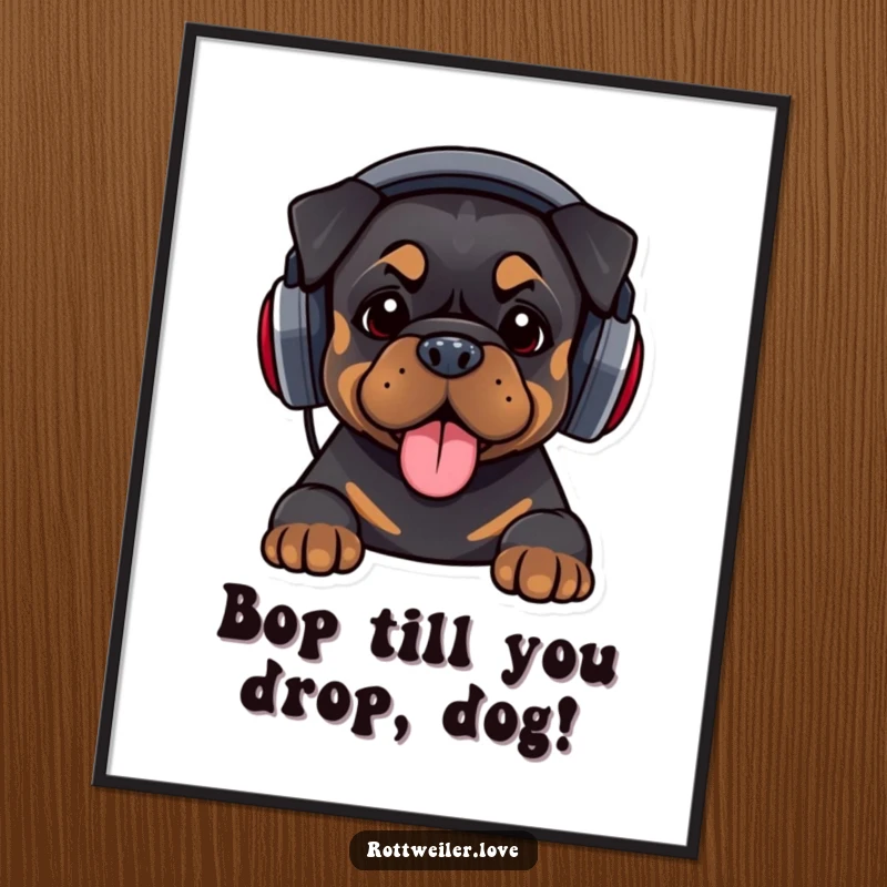 Funny Free Printable Rottweiler DJ Wall Art: A cool Rottweiler wearing oversized headphones, lost in the music.