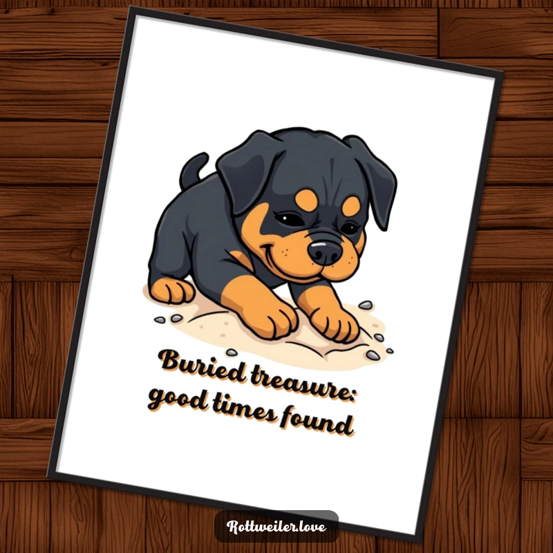Funny Free Printable Wall Art: A happy Rottweiler is focused on playfully digging in soft sand.
