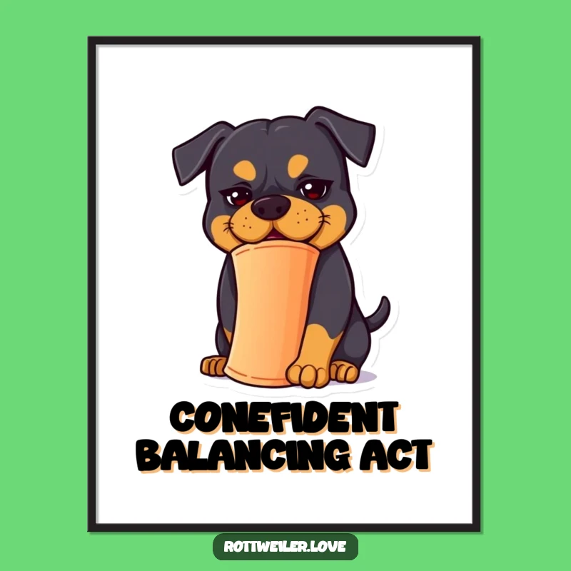 Goofy Rottweiler Free Printable Wall Art: Cone Balancing Act, Humorous Downloadable Decor for Fun Spaces