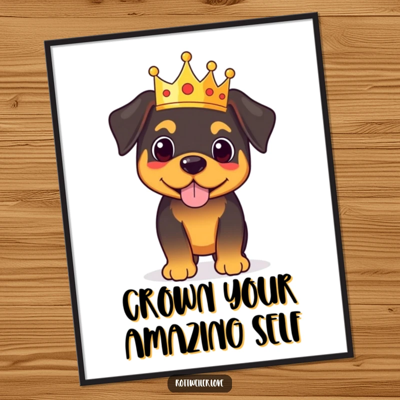 Free Printable Wall Art depicting a proud Rottweiler character standing regally, adorned with a tiny, stately crown.
