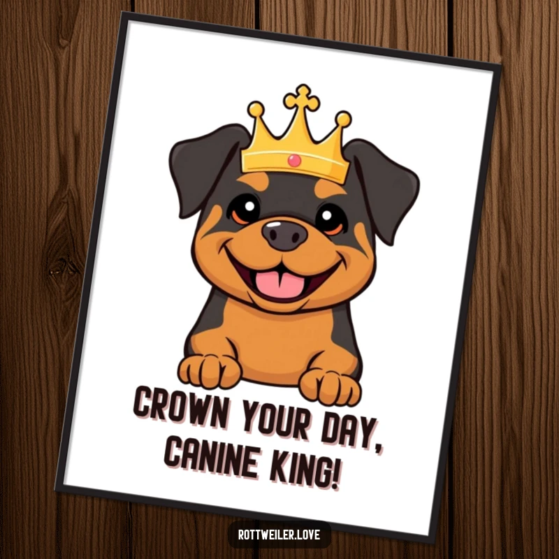 Funny Free Printable Rottweiler Royal Wall Art: A dignified Rottweiler dog sits proudly, wearing a small, elegant crown.