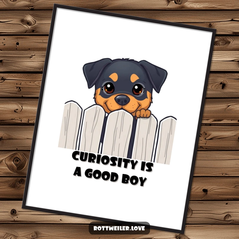 Funny Free Printable Rottweiler Wall Art of a dog peeking over a fence with curious, happy eyes.