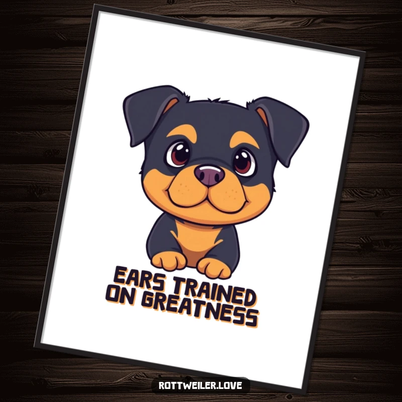 Funny Free Printable Wall Art: A cute rottweiler with ears perked attentively listens.