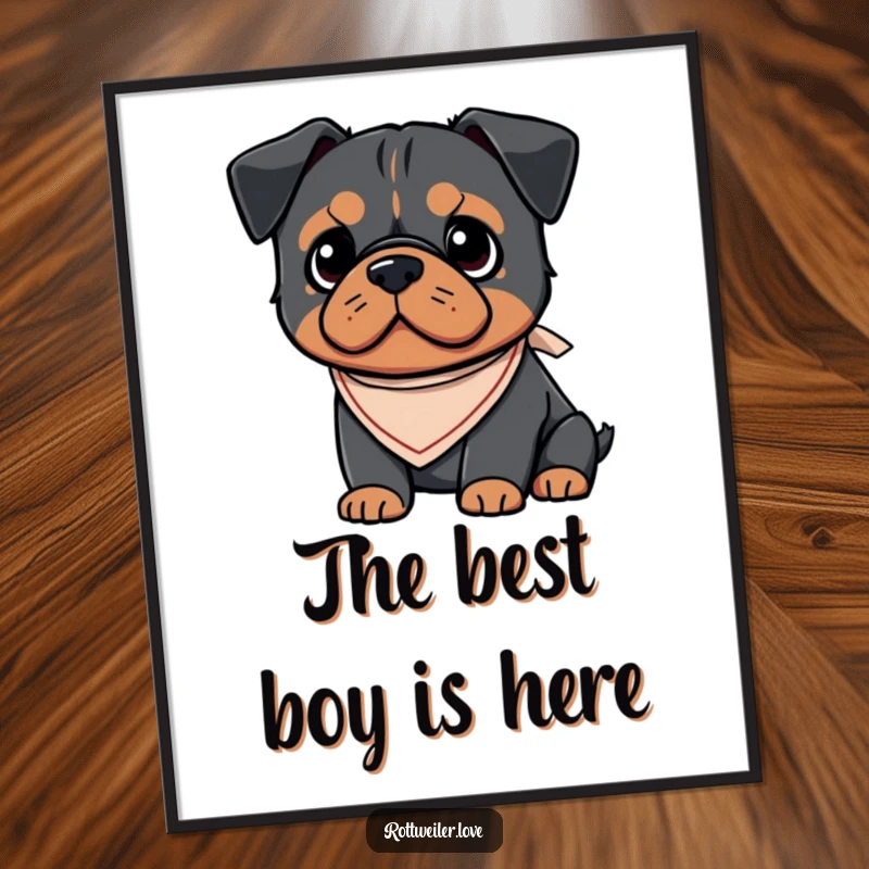 Funny free printable wall art: A Kawaii Rottweiler proudly wearing a small, cute bandana. Adorable and humorous dog decor.