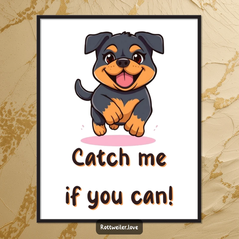 Funny free printable wall art: A Kawaii Rottweiler running with determined yet cheerful energy. Humorous and dynamic dog decor.