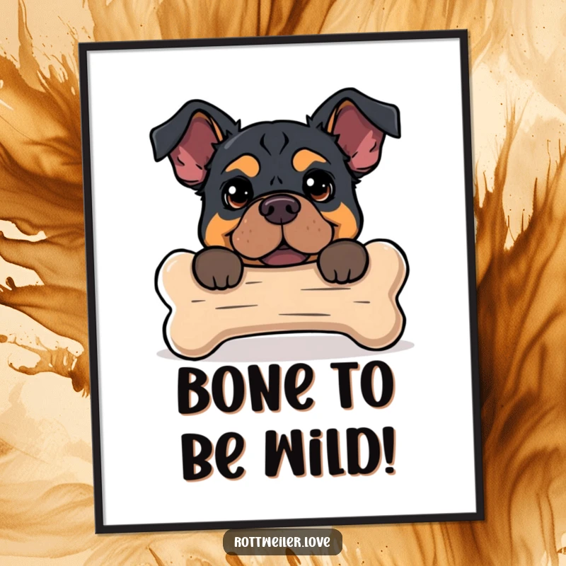 Funny free printable wall art of a Rottweiler peeking mischievously from behind an oversized dog bone, adding humor.