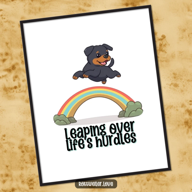 Funny Free Printable Rottweiler Wall Art: A happy Rottweiler leaps energetically over a vibrant rainbow bridge, symbolizing triumph and joy.
