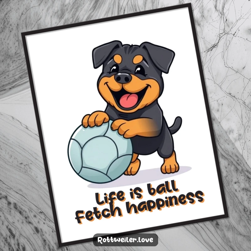 Funny Free Printable Wall Art: A happy Rottweiler in full stride, joyfully playing fetch with a big ball.