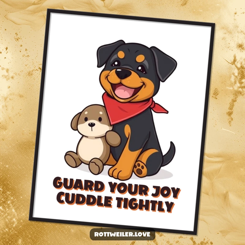 Funny Free Printable Wall Art: A Rottweiler in a bandana, hilariously guarding a treasured plush toy with pride.