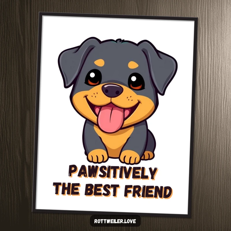 Free Printable Wall Art featuring an incredibly cute kawaii Rottweiler with a joyful, panting expression and a happy demeanor.