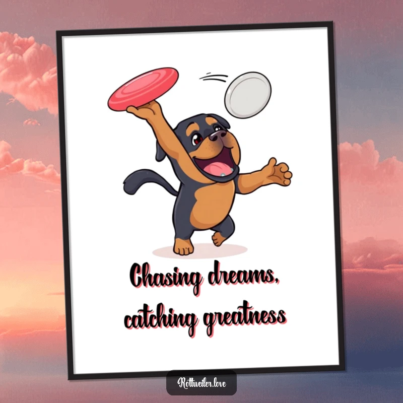 Funny free printable wall art shows an athletic Rottweiler leaping enthusiastically to intercept a flying disc.