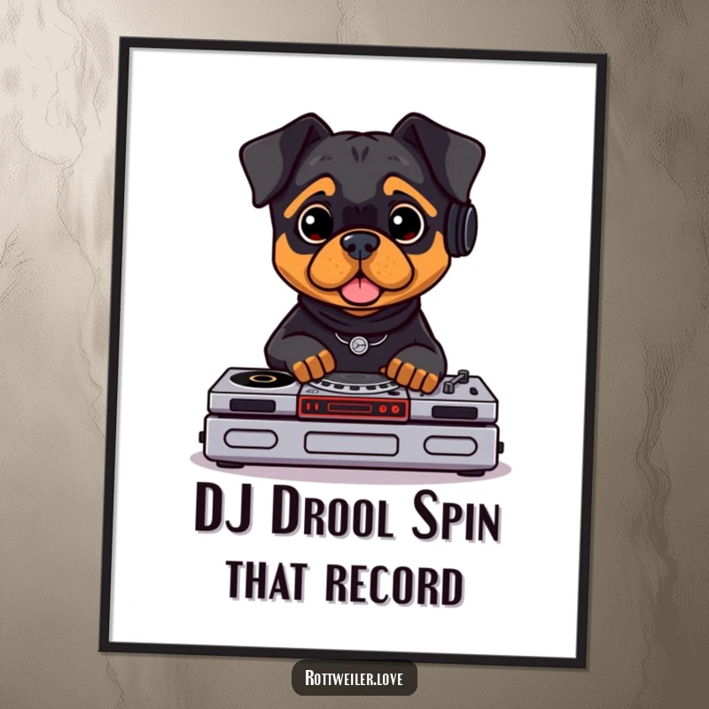 Funny Free Printable wall art of a Rottweiler, headphones on, acting as a DJ with tiny turntables, ready to mix some beats with flair.