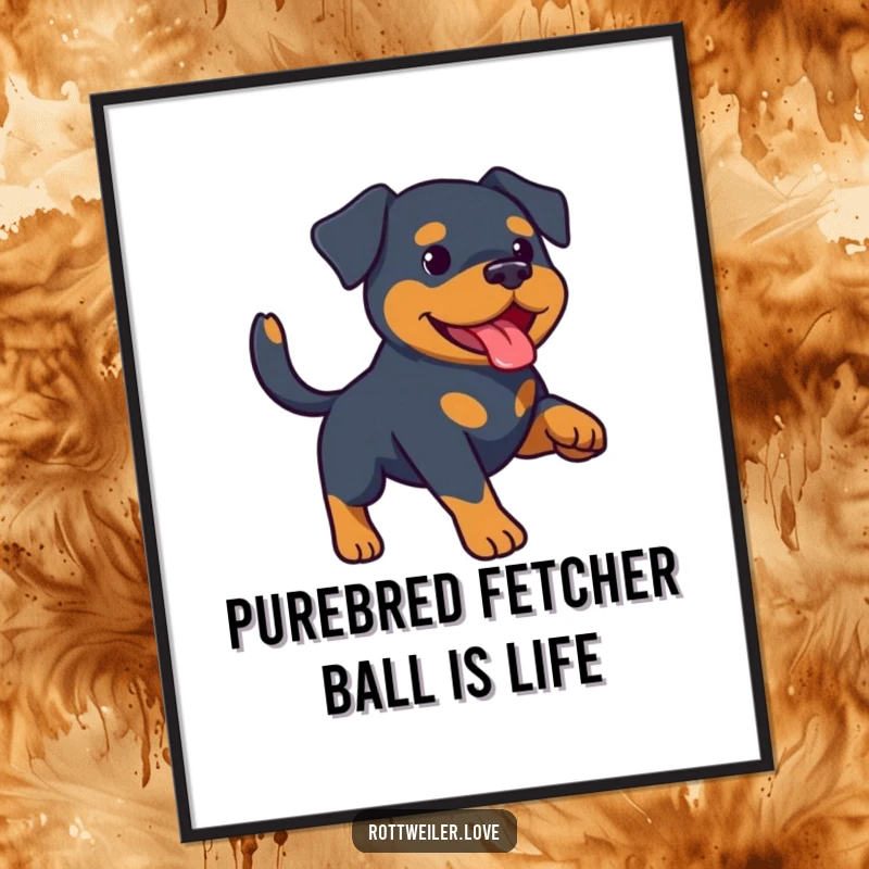 Funny Free Printable wall art depicting an energetic Rottweiler with a furiously wagging tail, mid-throw during an enthusiastic game of fetch.