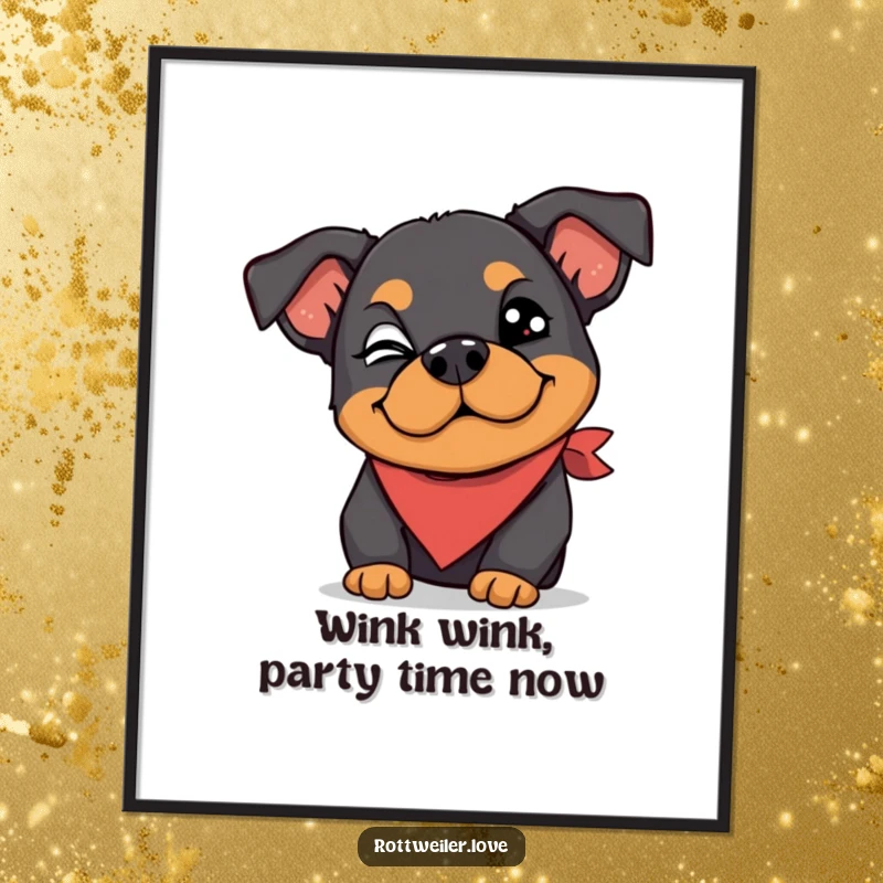 Funny free printable wall art features a Rottweiler in a silly bandana giving a confident, playful wink.