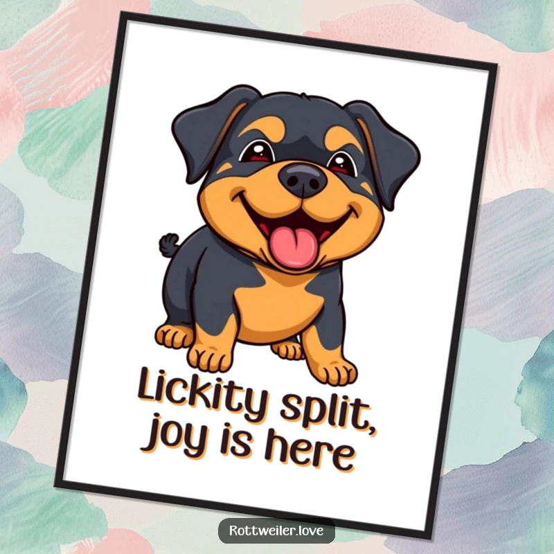 Funny Free Printable Wall Art capturing a rottweiler’s joyous expression as it gives a big, friendly, and wet lick.